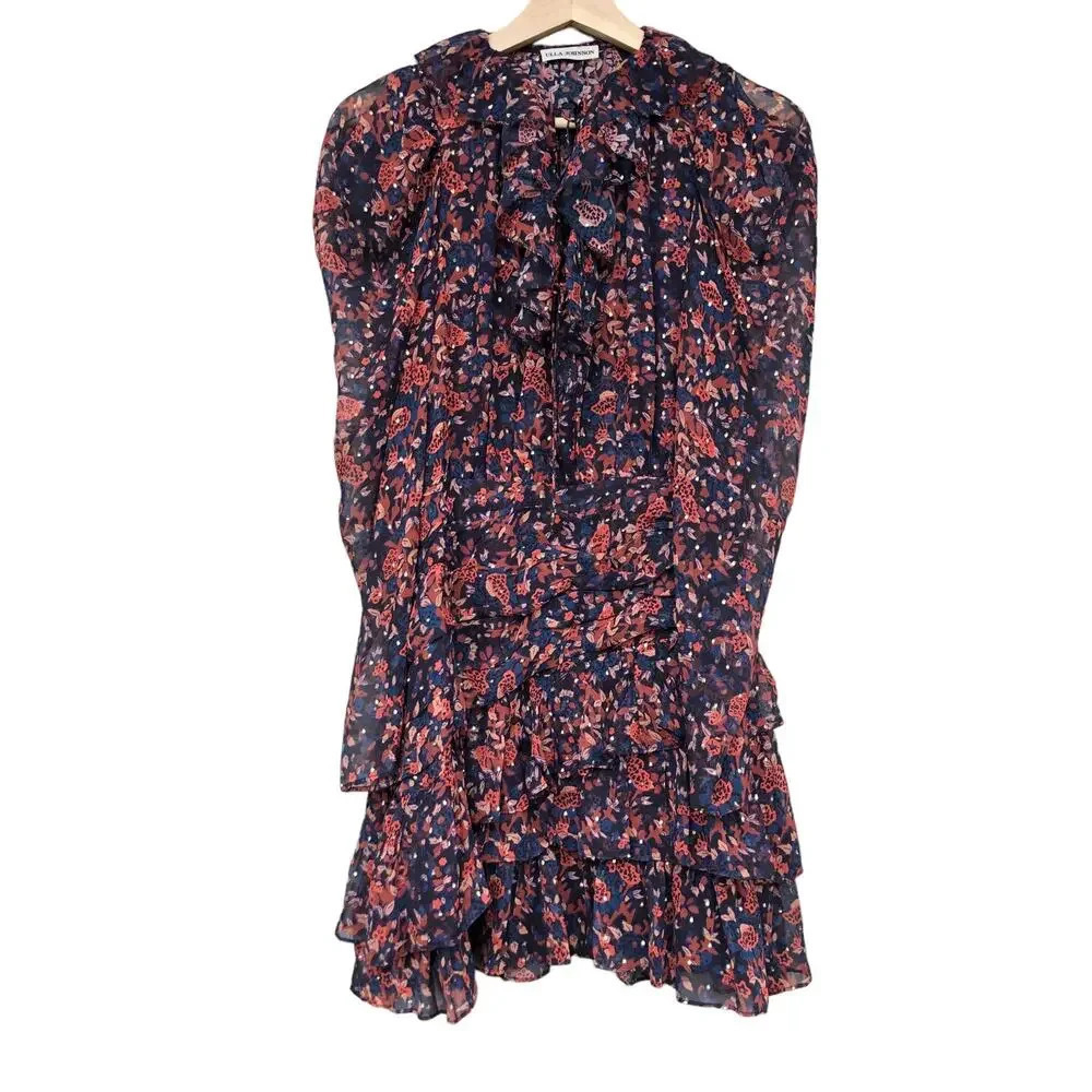 Ulla Johnson Cecily Mini Dress in Cosmos Floral Print Ruffles Puff Sleeve Size 4 - Picture 6 of 11